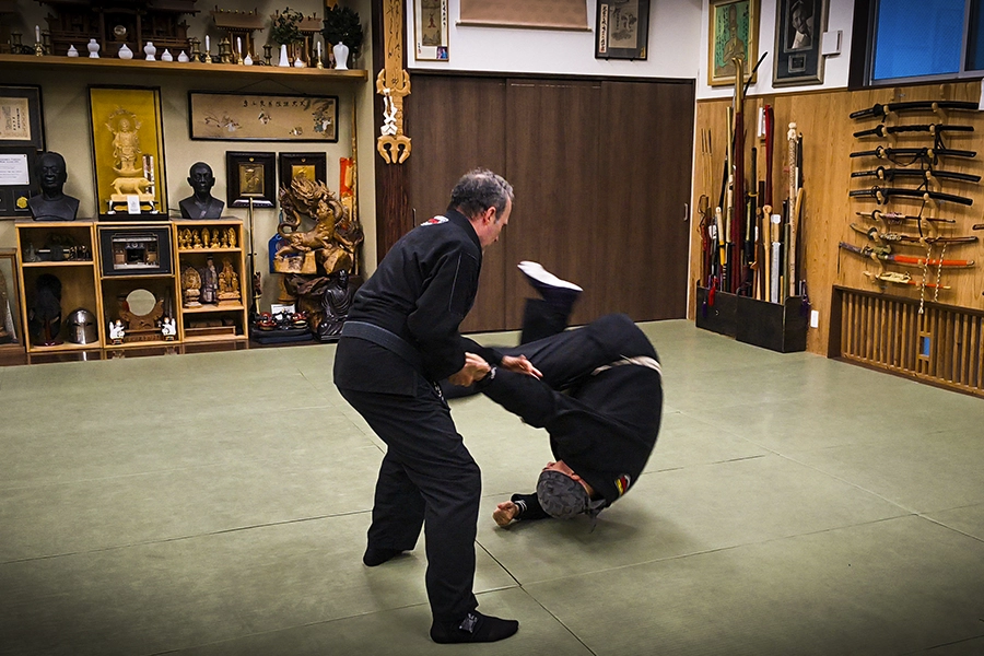 Práctica de Nage Gata en Ninjutsu durante un entrenamiento en el Bujinkan Honbu Dojo de Japón en 2026.