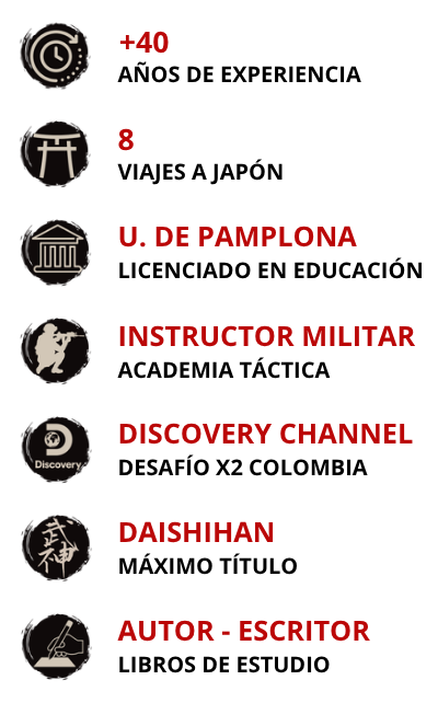 Infografía de credenciales y trayectoria profesional de Arnoby Sinam Alba, instructor de artes marciales japonesas con más de 40 años de experiencia, múltiples viajes de estudio a Japón, formación universitaria, experiencia como instructor militar, participante de Discovery Channel, poseedor del grado Daishihan y autor de libros educativos.