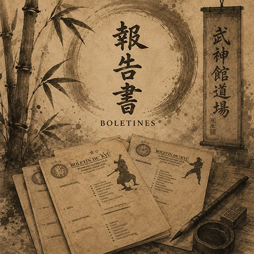 Boletines de estudio por grado de la Academia de Artes Marciales Arnoby Sinam, material didáctico utilizado por los estudiantes para el aprendizaje progresivo del Ninjutsu y Budo Taijutsu.