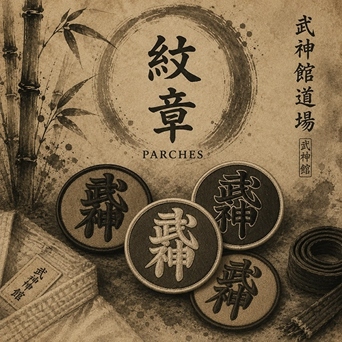 Parches bordados de la Bujinkan y artes marciales japonesas disponibles en la tienda de la Academia Arnoby Sinam para uniformes de entrenamiento y práctica de Ninjutsu.