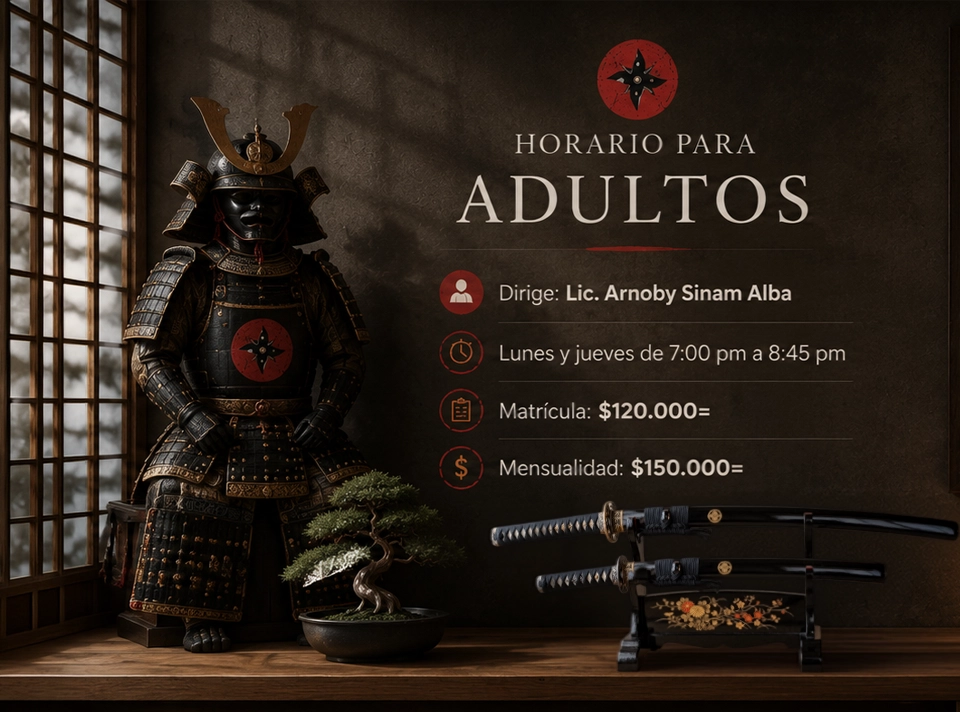 Horarios y precios de clases de artes marciales japonesas para adultos en Bucaramanga. Ninjutsu Bujinkan, defensa personal y entrenamiento tradicional.