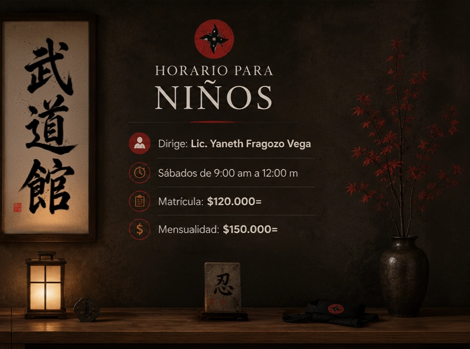 Horarios y precios de clases de artes marciales para niños en Bucaramanga. Ninjutsu Bujinkan infantil, disciplina, defensa personal y desarrollo integral.