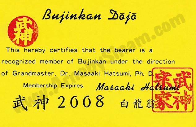 Membership antiguo Bujinkan Dōjō expedido desde Japón por el Sōke Masaaki Hatsumi