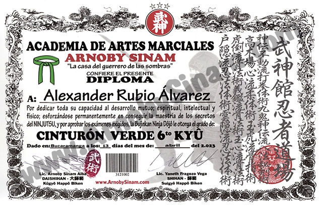 Diploma de grado Kyū expedido por DaiShihan Arnoby Sinam en Colombia - Bujinkan Ninjutsu