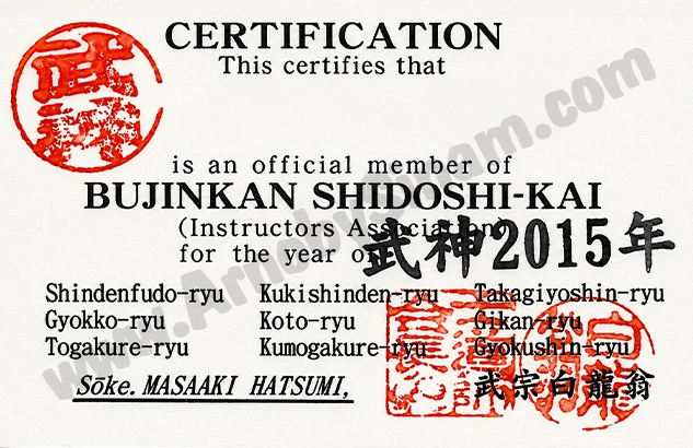 Licencia de instructor Bujinkan Shidōshi Kai - documento histórico ya no vigente