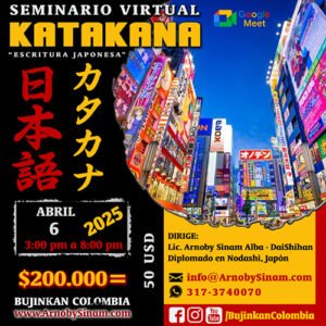 Afiche del Seminario Virtual de Katakana impartido por Arnoby Sinam para aprender la escritura japonesa y prepararse para el examen JLPT.