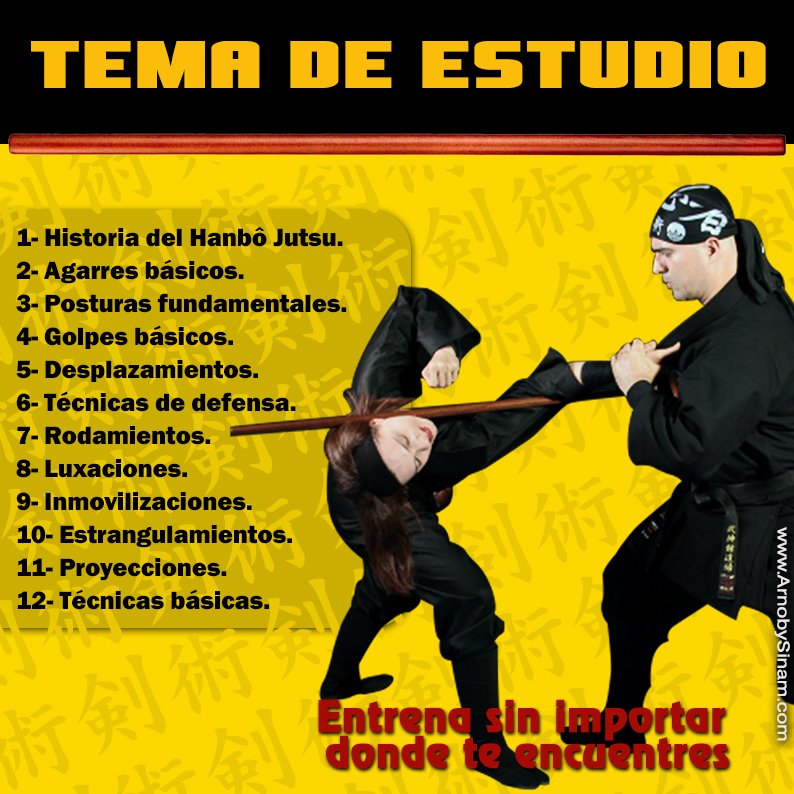 Temario del seminario virtual de Hanbō Jutsu Bujinkan con técnicas básicas, defensas y fundamentos del bastón mediano japonés