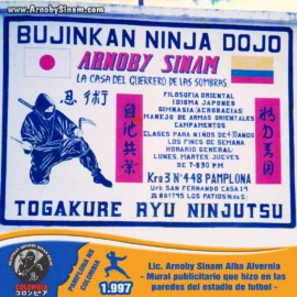 Mural promocional utilizado por el Bujinkan Ninja Dojo Arnoby Sinam en 1997 para difundir las actividades académicas, horarios y programas de formación en Ninjutsu en Pamplona. Mural publicitario del Bujinkan Ninja Dojo Arnoby Sinam elaborado en 1997 para promocionar las clases de Ninjutsu y artes marciales japonesas en Pamplona, Colombia.