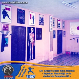 Fotografía histórica del interior del Bujinkan Ninja Dojo de Pamplona, un espacio dedicado al estudio, práctica y difusión del Ninjutsu tradicional y la cultura japonesa. Vista interior del Bujinkan Ninja Dojo de Pamplona en 1997, mostrando la decoración tradicional, material didáctico, símbolos japoneses y elementos utilizados en la enseñanza del Ninjutsu.