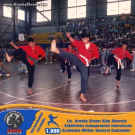 Exhibición de artes marciales realizada por Lic. Arnoby Sinam Alba durante la inauguración de los interclases de la Academia Militar General Santander en Bucaramanga en 1990. Fotografía histórica de Arnoby Sinam Alba durante una exhibición de artes marciales en la inauguración de interclases de la Academia Militar General Santander en 1990.