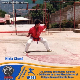 Lic. Arnoby Sinam Alba realizando una demostración de Ninja Shukō durante una exhibición de artes marciales efectuada en el Colegio Manuel Murillo Toro en 1991. Fotografía histórica de Arnoby Sinam Alba realizando una demostración de Ninja Shukō durante una exhibición de artes marciales en el Colegio Manuel Murillo Toro en 1991.