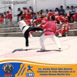 Exhibición de combate marcial realizada por Lic. Arnoby Sinam Alba durante una presentación de artes marciales en el Colegio Manuel Murillo Toro en 1991. Fotografía histórica de Arnoby Sinam Alba participando en una demostración de combate durante una exhibición de artes marciales en el Colegio Manuel Murillo Toro en 1991.