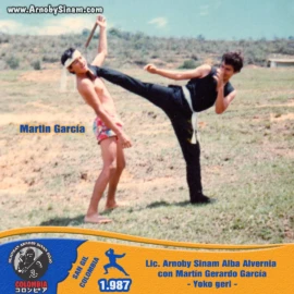Fotografía de Lic. Arnoby Sinam Alba realizando una técnica de Yoko Geri junto a Martín Gerardo García durante sus primeros años de entrenamiento en artes marciales en San Gil, Santander, en 1987. Fotografía histórica de Arnoby Sinam Alba ejecutando una técnica de Yoko Geri junto a Martín Gerardo García en San Gil, Santander, en 1987.