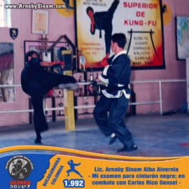 Instante del examen para cinturón negro de Arnoby Sinam, realizando un combate técnico junto a Carlos Rico Sensei como parte de su evaluación marcial. Arnoby Sinam participa en un combate durante su examen para cinturón negro enfrentándose a Carlos Rico Sensei en 1992.