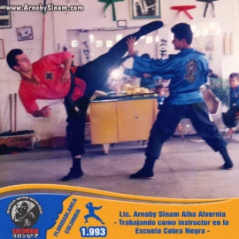 Fotografía histórica de Arnoby Sinam Alba realizando una demostración técnica de artes marciales japonesas como instructor de la Escuela Cobra Negra de Floridablanca en 1993. Arnoby Sinam Alba demostrando técnicas de combate y defensa personal japonesa durante su labor como instructor en la Escuela Cobra Negra de Floridablanca, Colombia, en 1993.