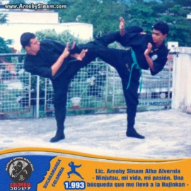 Fotografía histórica de Arnoby Sinam Alba entrenando técnicas de combate y Ninjutsu tradicional en 1993, fortaleciendo las bases de su formación dentro de la Bujinkan. Arnoby Sinam Alba practicando técnicas de combate y patadas tradicionales de Ninjutsu junto a un compañero de entrenamiento en 1993, durante sus primeros años en la Bujinkan.