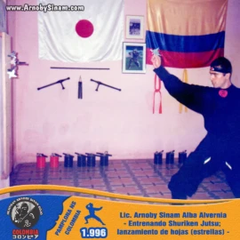 El Lic. Arnoby Sinam Alba entrena Shuriken Jutsu, disciplina tradicional japonesa enfocada en el lanzamiento preciso de estrellas ninja como complemento del entrenamiento integral del ninjutsu. Lic. Arnoby Sinam Alba practicando Shuriken Jutsu, el arte tradicional japonés del lanzamiento de estrellas ninja, en el dojo Bujinkan de Cúcuta, Colombia, en 1996.