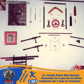 Recuerdos de la habitación donde el Lic. Arnoby Sinam Alba vivió durante dos años en Pamplona, un espacio dedicado al estudio, práctica y preservación de las artes marciales japonesas tradicionales. Habitación del Lic. Arnoby Sinam Alba en Pamplona durante 1997, decorada con armas tradicionales japonesas, bo, tonfa, nunchaku, shuriken y otros implementos de entrenamiento en artes marciales.