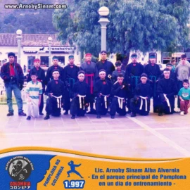 Fotografía histórica de los alumnos del Ninja Dojo Arnoby Sinam durante una jornada de entrenamiento y convivencia realizada en el parque principal de Pamplona en 1997. Grupo de alumnos del Ninja Dojo Arnoby Sinam reunidos en el parque principal de Pamplona durante una jornada de entrenamiento al aire libre en 1997.